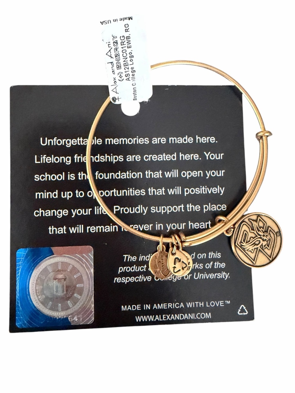 Alex and Ani Boston College Logo Bracelet Gold Tone NWT